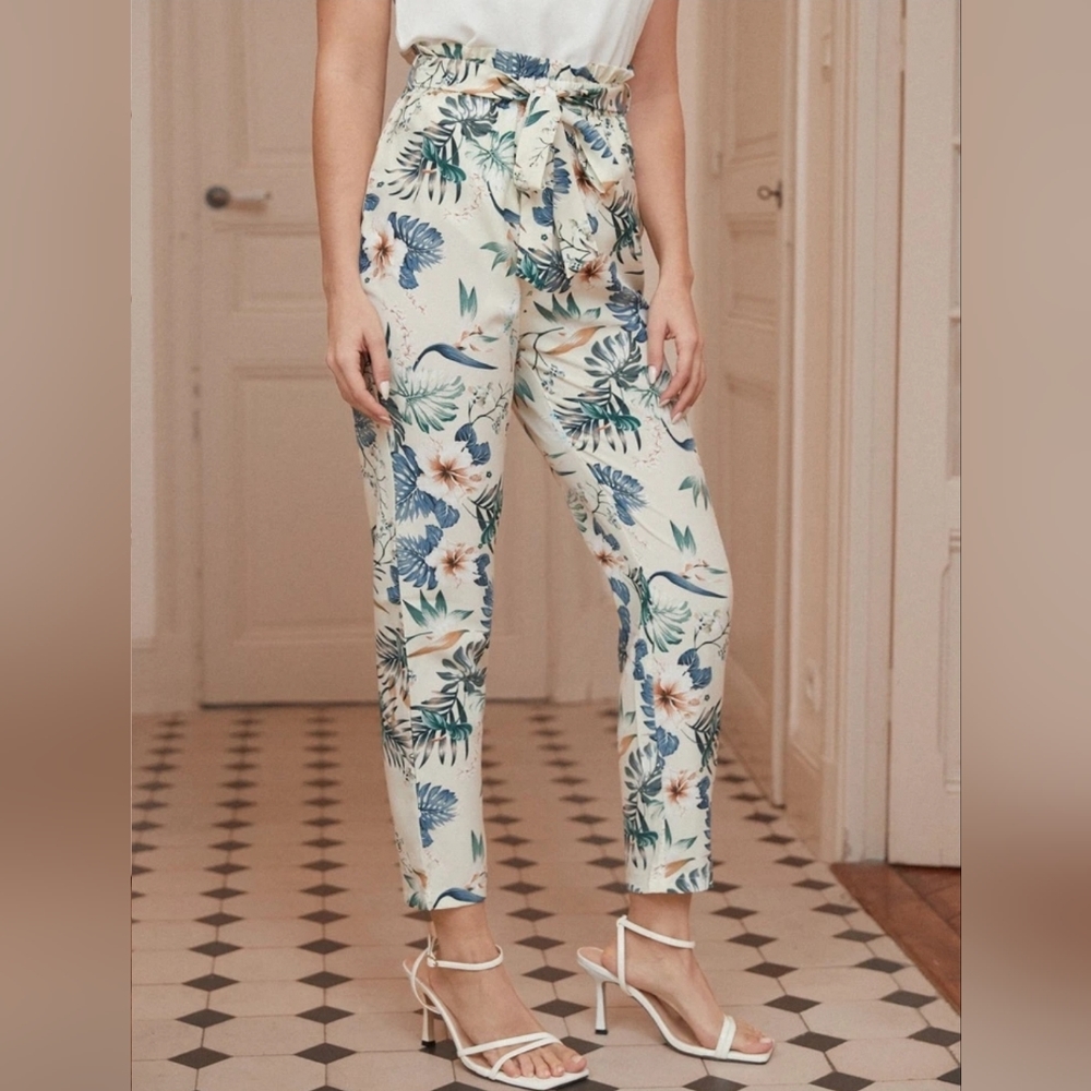 NEW Floral-print Paperbag Belted Pants - 4 (36/S)